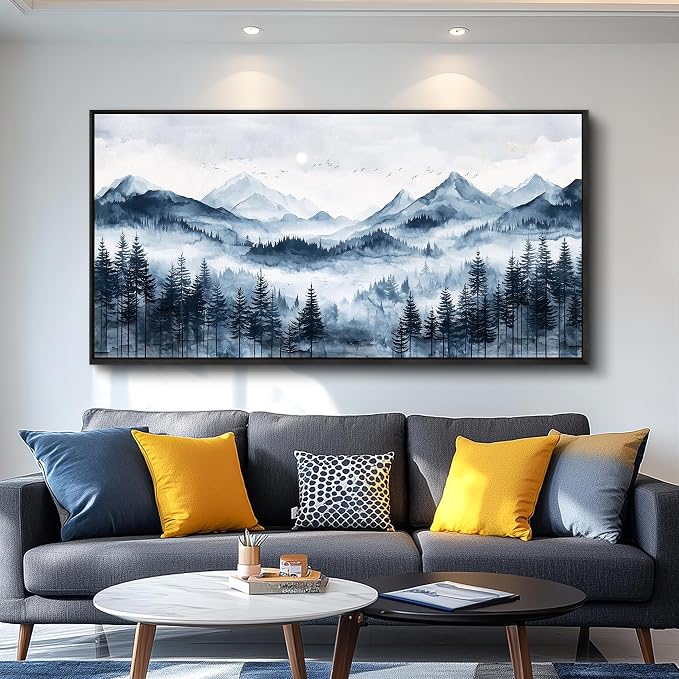 ERQINHUA Canvas Wall Art For Bedroom Large Wall Decor For Living Room Modern Office Mural Misty and Fog Forest Painting Mountain Landscape Picture Artworks Home Decor Black Framed Ready To Hang
