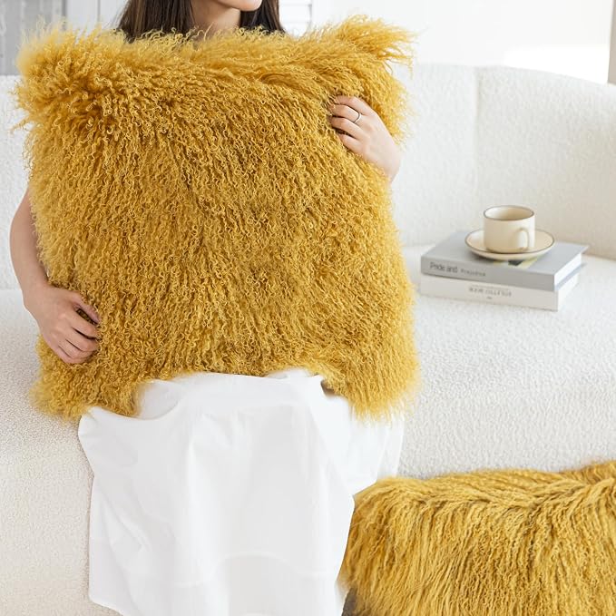 MOOX Mongolian Lamb Fur Pillow Covers Lumbar Throw Sheepskin Pillow Case Genuine Wool Fur Tibetan Accent Living Room Bedroom Decorative Cushion Cover (18 * 18inch Gold)