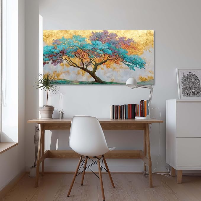 Ggaafet Gold Blue Tree Wall Art for Living Room Canvas Oil Painting Prints Beautiful Tree of Life Art Deco Modern Artwork Office Bedroom Family Dining Room Decor Large