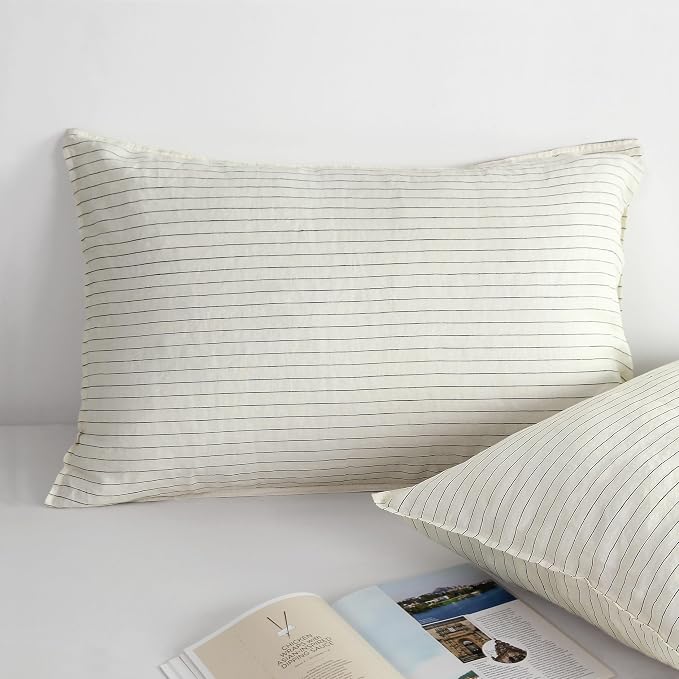 Striped Linen Pillow Cases Set of 2,20"x30" Standard/Queen Size,100% French Natural Flax Soft Linen Pillowcases,Olive Green Pinstripe