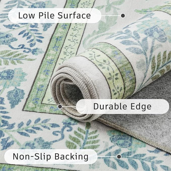 DCX Area Rug 6x6 Botanical Floral Washable Rugs in Green and Blue Soft Non Slip Low Pile Stain Resistant Round Carpet for High-Traffic Areas Bedroom Kitchen Dining Room