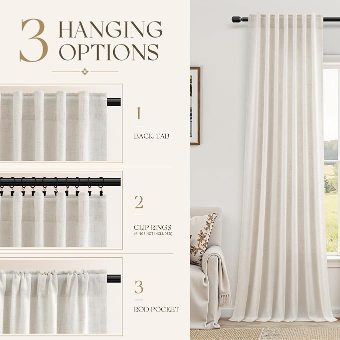 Jowels Natural Linen Curtains 96 Inches Long for Living Room Bedroom, 2 Panel Set, Cream Thick Textured Light Filtering Sheer Curtains, Back Tab Rod Pocket Modern Farmhouse Privacy Drapes