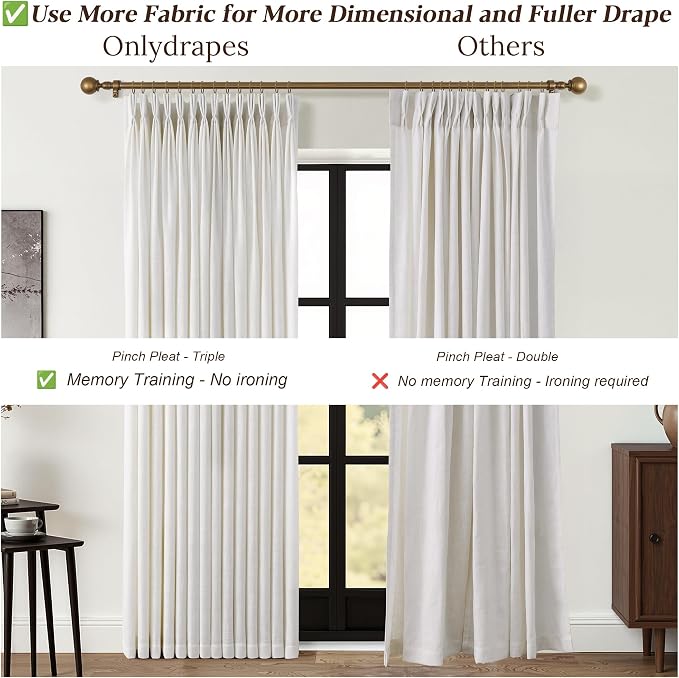 105 Inches Long Pinch Pleated Linen Curtains for Living Dining Room Bedroom Natural Cream Beige Light Filtering Neutral Privacy Curtains 105 Inch Semi Sheer Pleated Linen Drapes for Sliding Glass Door