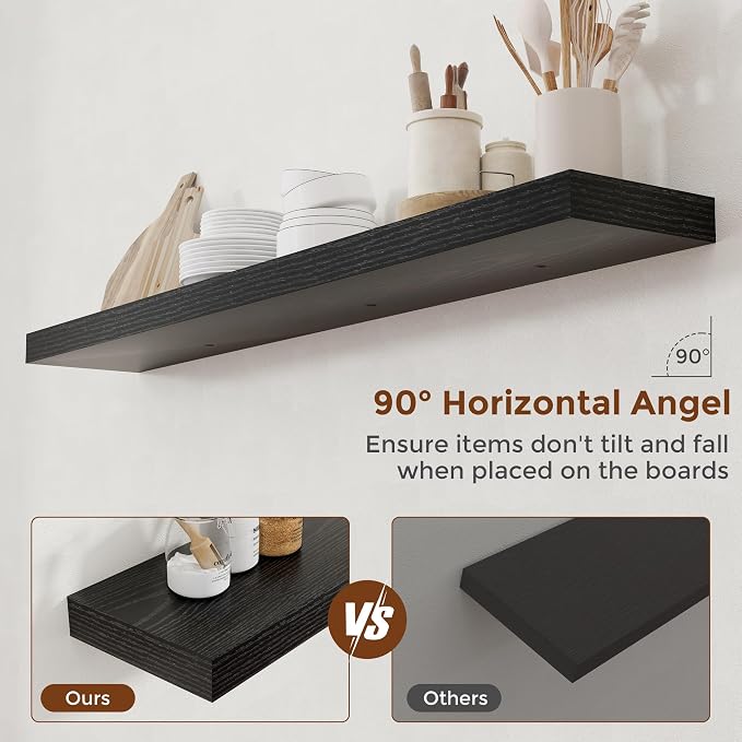 Heimlove 55 Inch Floating Shelves for Wall 8 Inch Deep Black Shelves Set of 2,Wall Mounted Rustic Wood Long Floating Shelf，Large Extra Display & Storage Shelf with Invisible Brackets