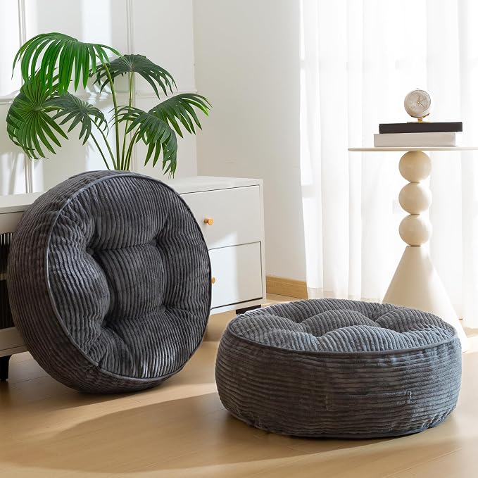 HIGOGOGO 8" Extra Thick Floor Pillow Cushion for Adults, Meditation Cushion Pillow, Large Round Floor Sitting, Tufted Corduroy Cover, for Tatami Living Room or Yoga, 22x22 Inch, 2Pack, Dark Grey