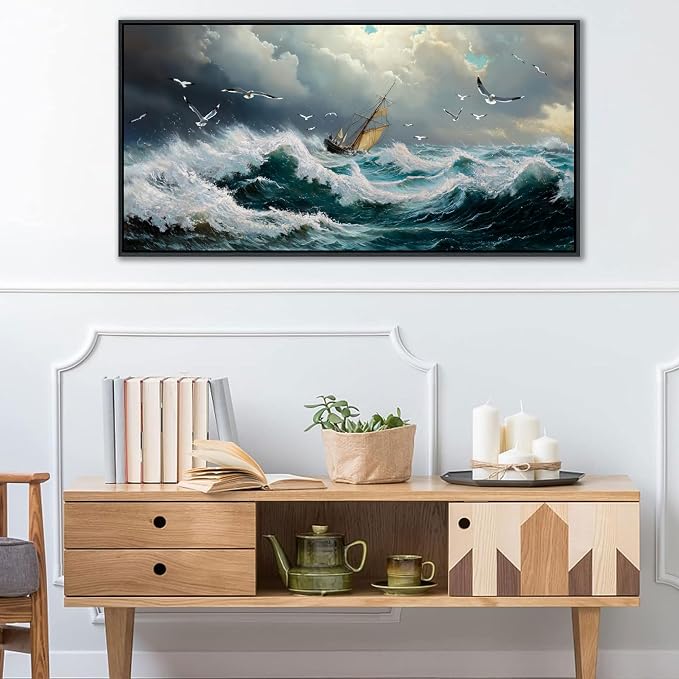 YDYSUNE Ocean Wall Art - Retro White Canvas painting Sailboat Wall Decor Textured Picture Artwork Nautical Adventurer Painting Coastal Art Framed for Living Room Bedroom Home 24x48inch