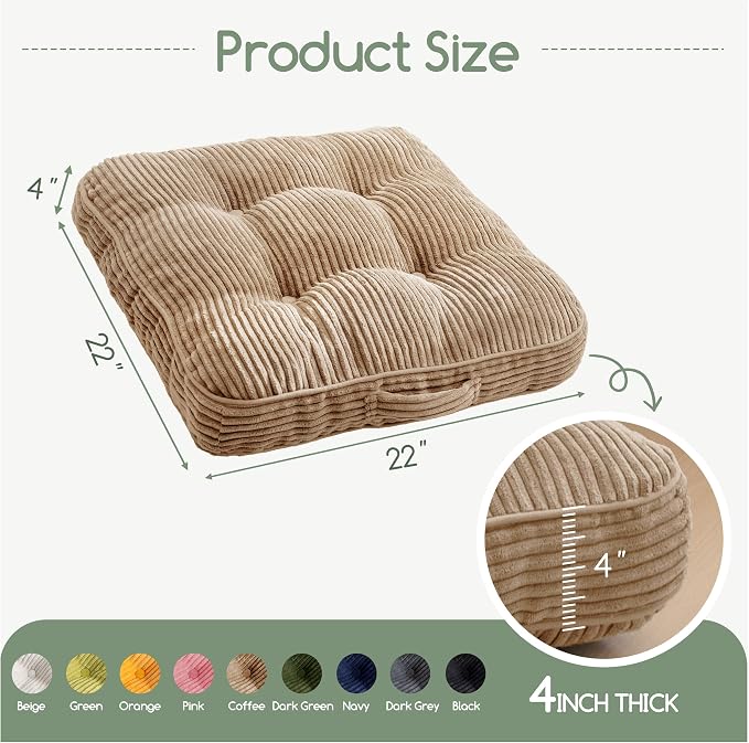 HIGOGOGO Floor Pillow Cushion for Adults, Meditation Cushion Pillow, Large Square Floor Sitting, Tufted Corduroy Cover, for Tatami Living Room or Yoga, 22x22 Inch, 2Pack, Coffee
