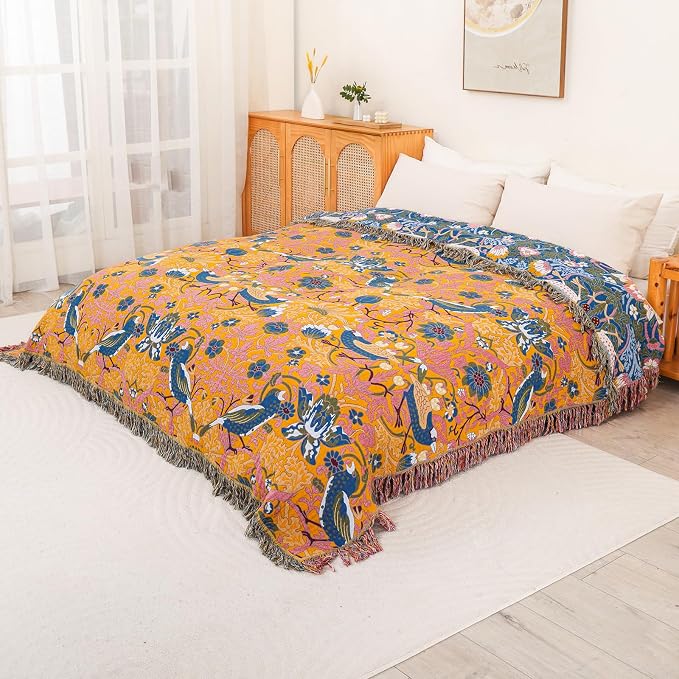 Boho Cotton Muslin Twin Size Bed Throws,100% Cotton Rustic 4 Layer Reversible Bid and Floral Woven Washable Breathable Decor Blanket 60"×80" for Couch Sofa All Seasons,Blue &Yellow