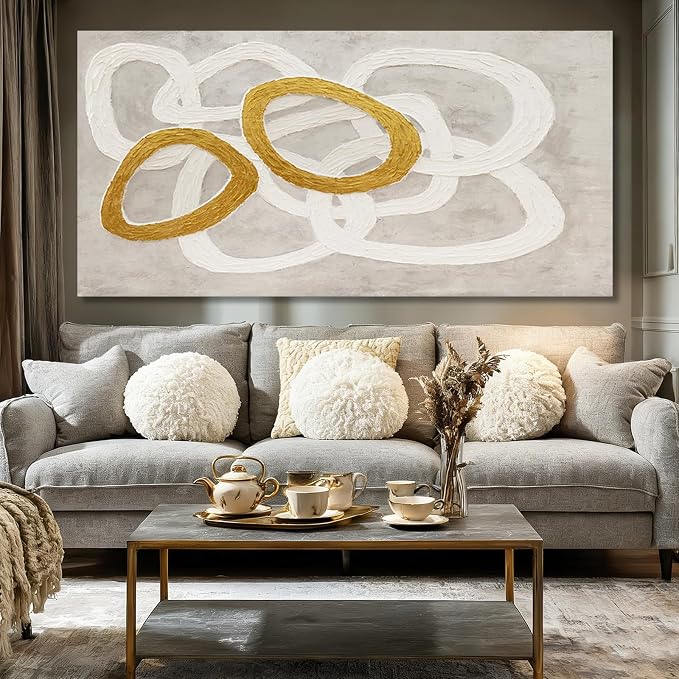 Dolidoteart Beige White Gold Abstract Wall Art, Large Canvas Wall Art for Living Room Office, Neutral Hand-Painted Style Horizontal Wall Decor, 29x58 Inch