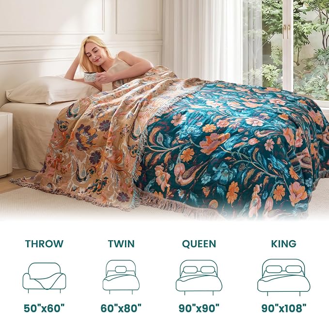 MSGKV Boho Throw Blanket for Bed 60"x80" Cotton Birds Floral Twin Size Couch Blanket Muslin Summer Breathable All Seasons Lightweight Farmhouse Blankets