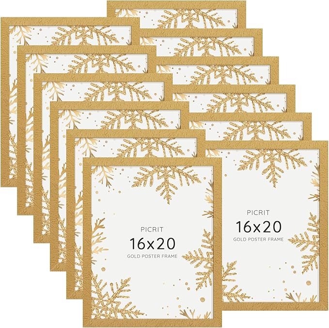Picrit 16x20 Picture Frame Set of 12, Display Photos 11 x 14 with Mat or 16 x 20 without Mat, Wall Gallery Poster Frames Display for Home Decor, Gold