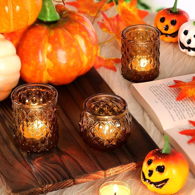DARJEN Amber Votive Candle Holders Set of 24- Round Candle Holders Bulk, Glass Candle Holder for Vintage Decoration, Tea Lights Candle Holders for Wedding Home Party & Gift