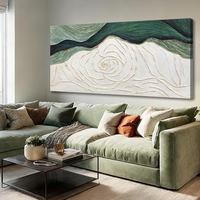Dolidoteart Hand-Painted Green Abstract Wall Art Canvas, Large 29x58 Inch Modern Textured Floral Artwork for Living Room, Bedroom, Office, Hallway Home Decor