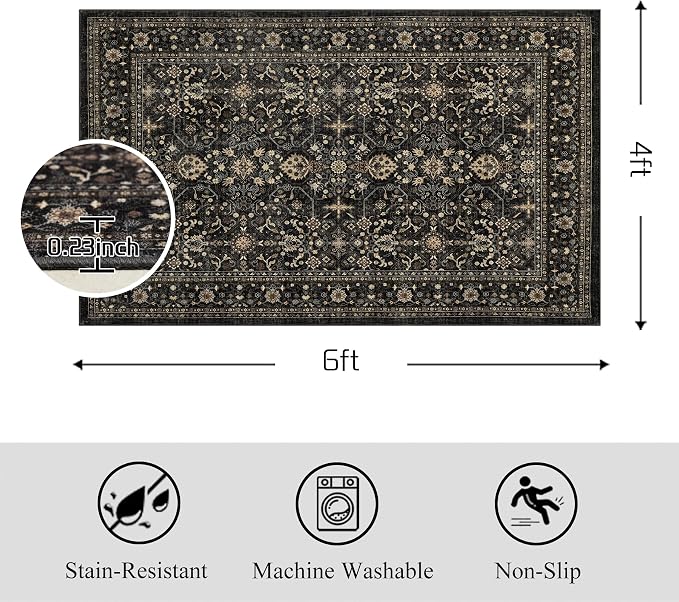 Ruaruarug Washable Area Rug 4x6 for Living Room, Bedroom, Ultra Soft Non Slip Stain & Fade Resistant, Pet & Kids Friendly, Suitable for High Traffic Areas Easy to Clean for Office Kitchen, Black Grey