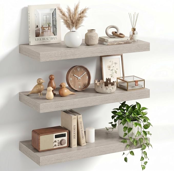 20" Floating Shelves for Wall, Set of 3, 8" Deep, 1.5" Thick, Gray | Rustic Wood Wall Shelves with Invisible Brackets, Storage and Display for Bathroom, Bedroom, Living Room or Kitchen