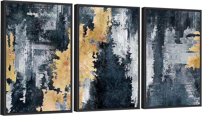 Large Framed Abstract Wall Art - Natural Frame Retro Canvas Pictures for Living Room Modern Canvas Prints Navy Blue for Bedroom, Black Float Frame Art for Home Office Kitchen Decor 24" X 36" X 3pcs