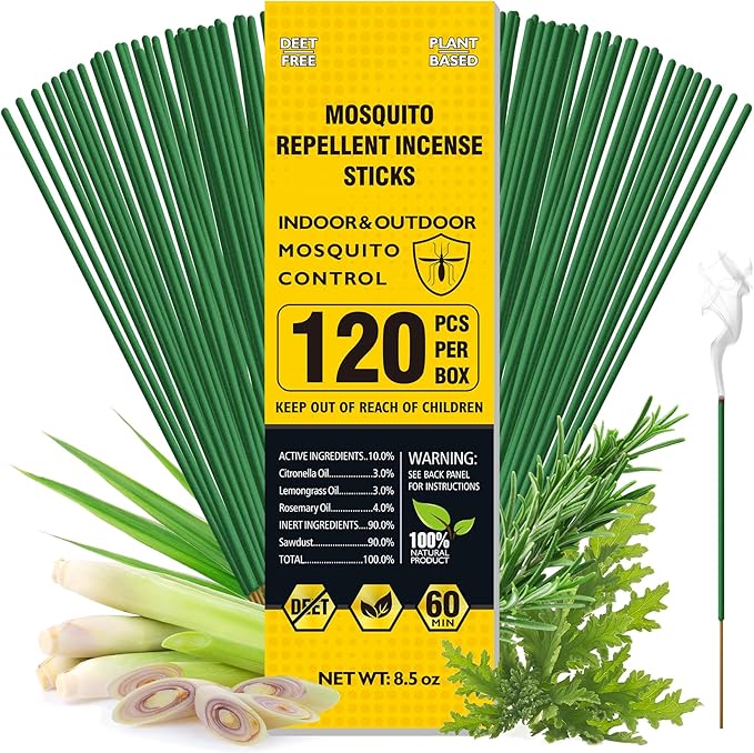 BugBai Mosquito Repellent Outdoor Patio 120 PCS, Citronella Oil Mosquito Incense Sticks Indoor Home Pet Family Safe, Natural Plant-Based Bug Insect Barrier for Yard Garden Lawn Camping Fishing, 0.5 lb