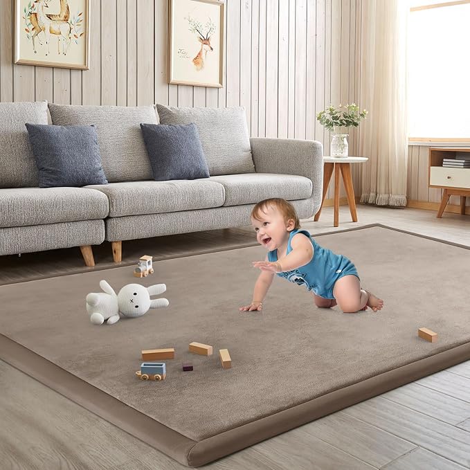 Baby Play Mat for Floor Nursery Rug Muscle Mat Area Rug Playroom Rug 47"x47" Playpen Mat Elastic Foam 1.3" Thick Crawling Mat for Babies,Toddlers, Infants, Kids,Camel