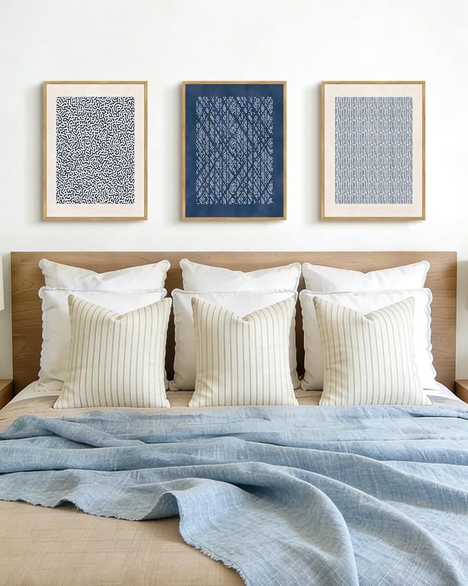 PHOPAGO Neutral Abstract Framed Wall Art Bohemain Blue Mid-Century Wall Decor Modern Blue Mid-Century Geometric Art Paints for Kitchen Dining Room - 11x14in Natural Framed