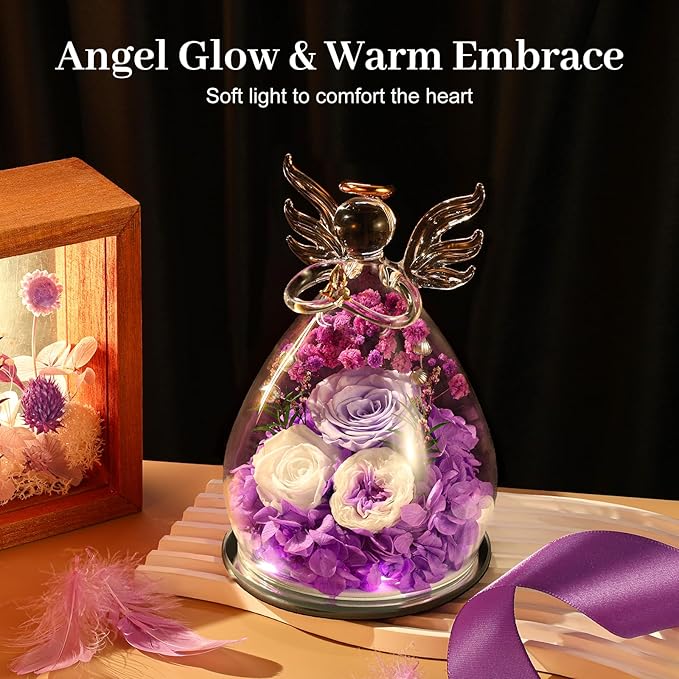 Bessol Gifts for Mom Birthday Flowers for Women Mothers Day Flowers for Delivery Preserved Roses Forever Flower in Glass Angel Figurines Fresh Eternal Rose for Grandma Wife Sister Daughter Friends