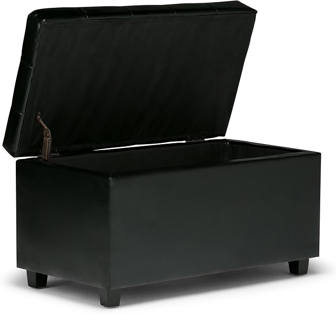 SIMPLIHOME Cosmopolitan Storage Ottoman - 34 inch Wide Upholstered Vegan Leather Rectangle Storage Ottoman Bench in Midnight Black, Transitional Tufted Ottoman for Living Room with Lift-Up Lid