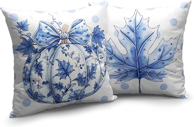 Fall Pillow Covers Blue and White Porcelain Maple Leaf Pumpkin Throw Pillow Covers 20x20 Set of 2 Autumn Blue Polka Dot Pillowcase Thanksgiving Cushion Case for Couch Sofa