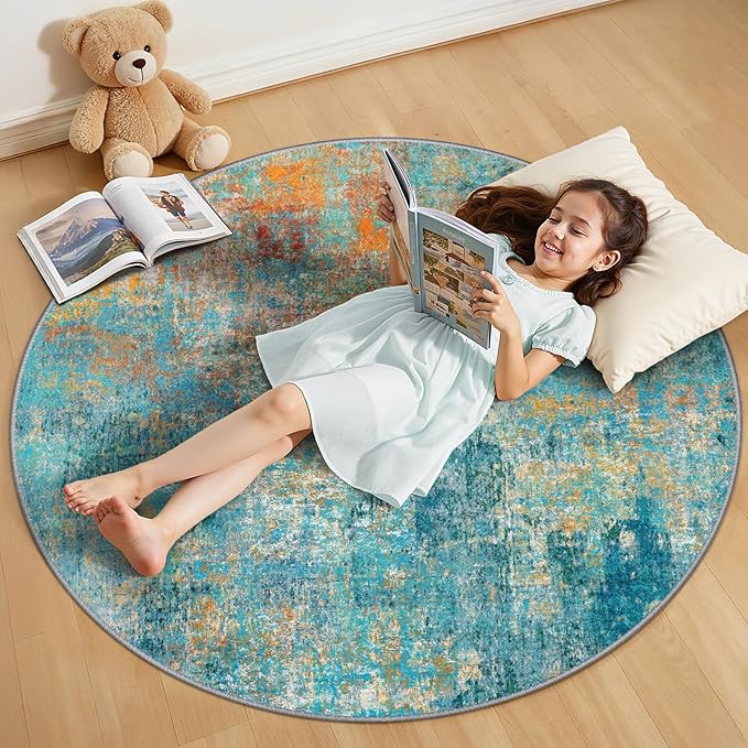 RELEANY Washable Area Rugs 4ft Non-Slip Modern Abstract Soft for Living Room Entryway Bedroom Nursery, Print Pattern, Teal Blue Green Orange Rust Red Coloreful