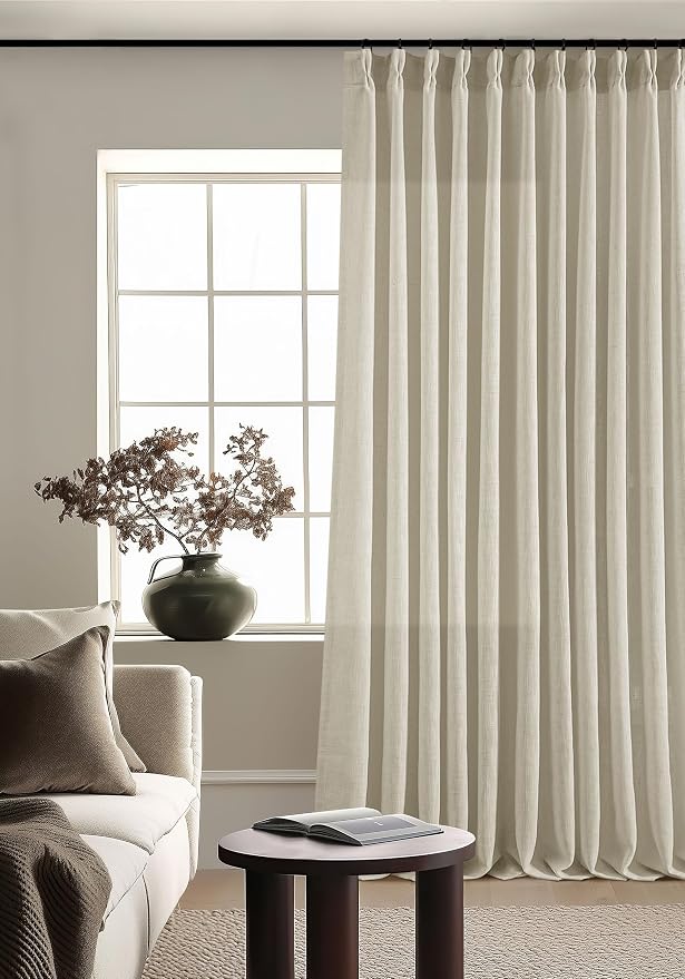 Pinch Pleated Extra Wide Curtain Panels 120 Inches Long 70 Inch Wide Linen Curtain for Patio Sliding Glass Door Beige Hooks Rings Semi Sheer Privacy 120 Inch Length for Living Room 70x120 1 Panel