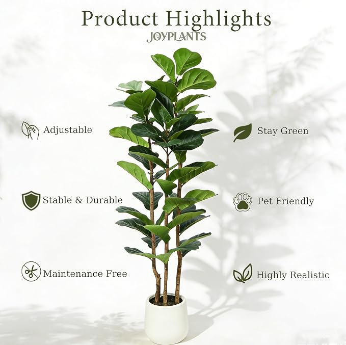 5ft Fake Fiddle Leaf Fig Tree, Realistic Fake Plants with Natural-Looking Trunk, Evergreen Faux Plants Indoor for Home & Office Decor（3 Poles, White Pot）