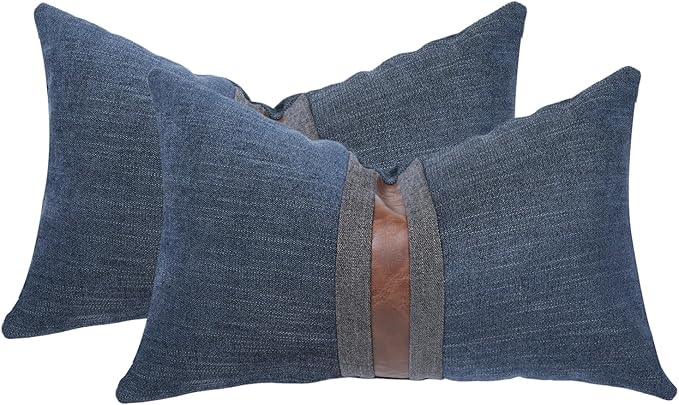 BOYSUM Set of 2 Leather Throw Pillow Covers Lumbar Cotton Linen Decor Patchwork Pillow Cover Faux Leather Pillows Cover for Couch Sofa Living Room Bedroom,Navy Blue 12"x20"
