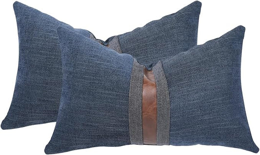 BOYSUM Set of 2 Leather Throw Pillow Covers Lumbar Cotton Linen Decor Patchwork Pillow Cover Faux Leather Pillows Cover for Couch Sofa Living Room Bedroom,Navy Blue 12"x20"