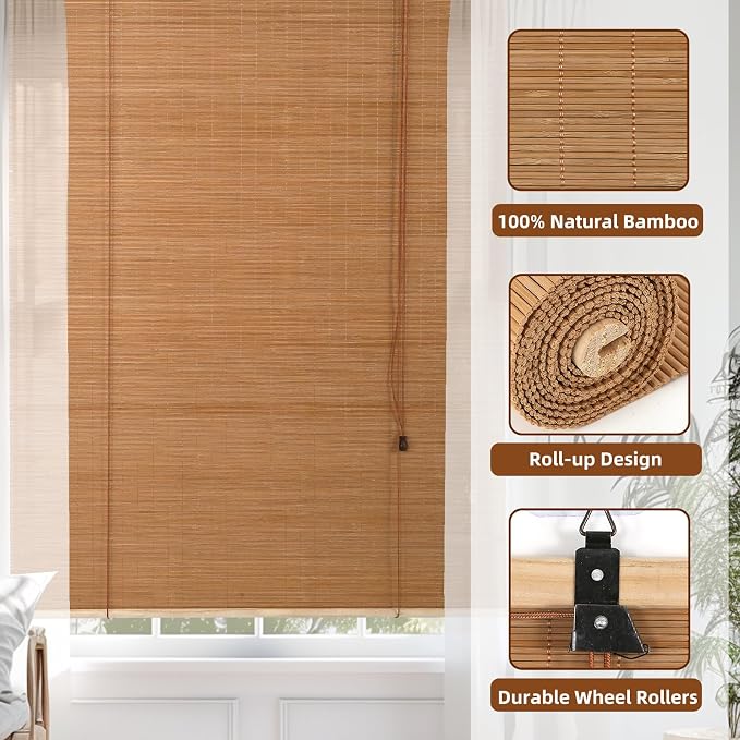 Outdoor Bamboo Roller Blinds Shades, Vertical Lifting and Breathable Waterproof Design, Sun Shade, Blackout and Ventilation, Easy Installation,30" W×64" H