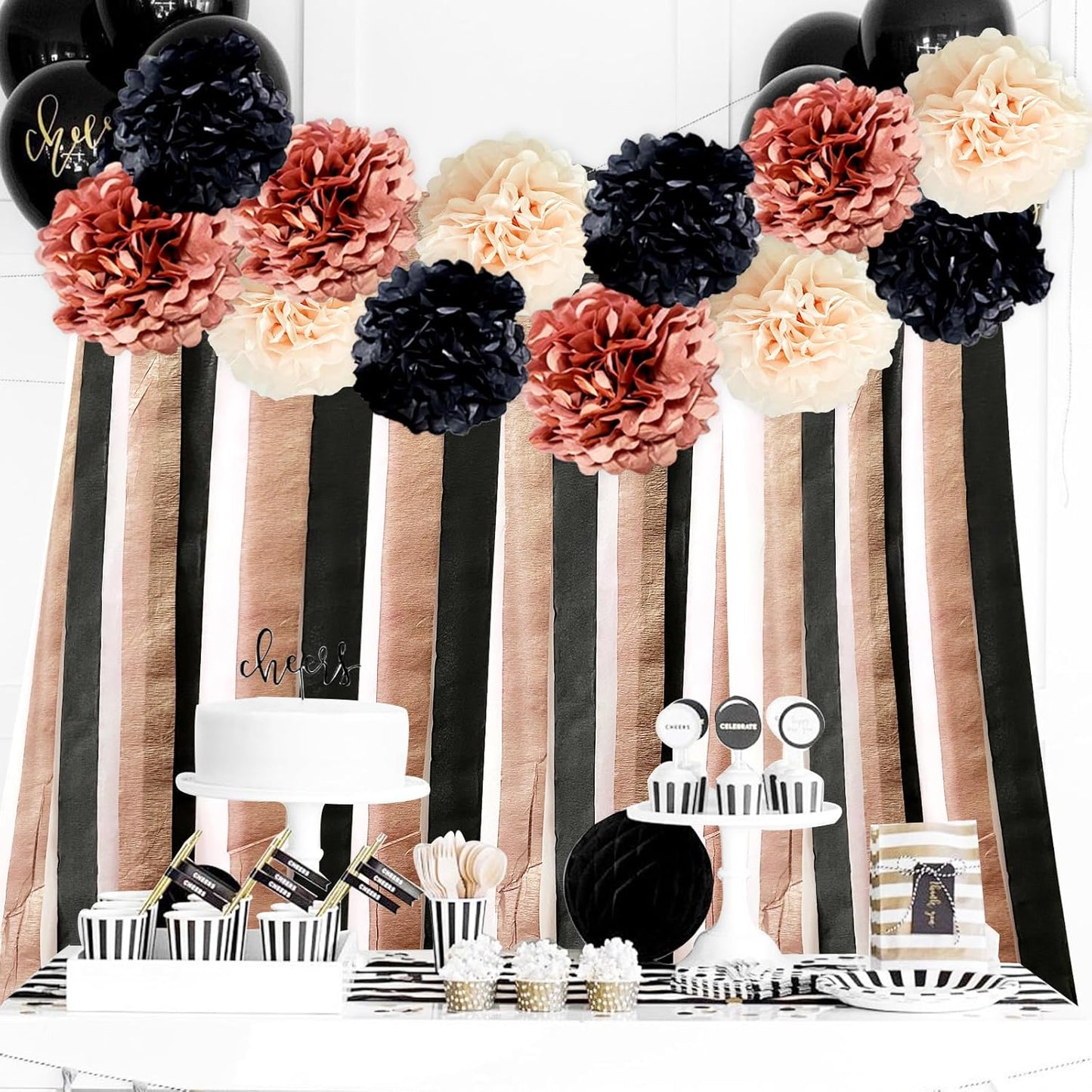 Black Pink Party Streamers Decorative Paper Pompoms for Sweet Cool Party Background, Birthday, Bachelor Party, Baby Shower, Ceiling Wall Hanging