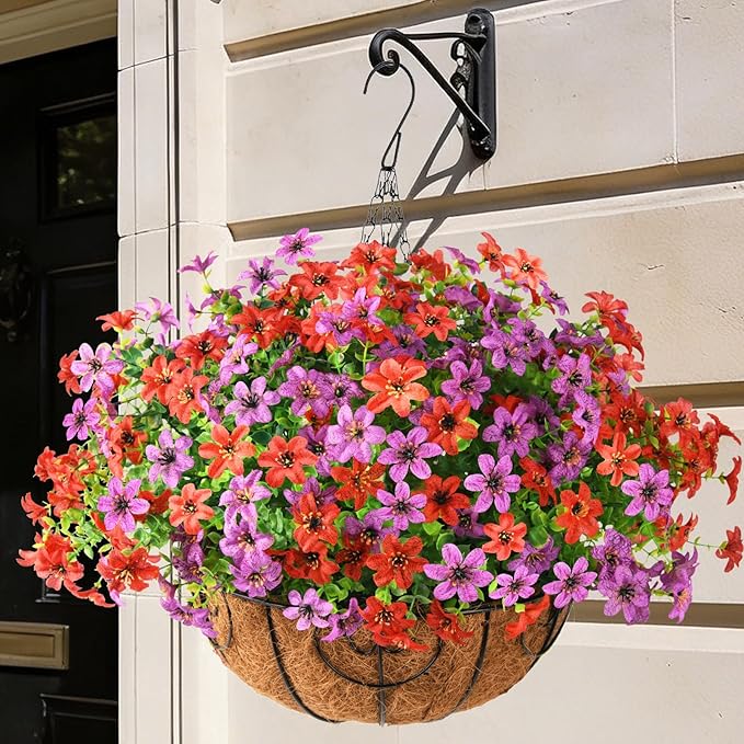 Artificial Flowers Fake Hanging Basket for Outdoor Spring Summer Decoration, 12 Bundles Faux Hanging Plants UV Resistant, Realistic Silk Flower for Outside Planters Porch Patio Balcony Yard Garden