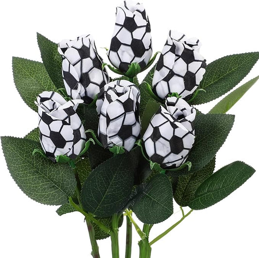 Suhine 6 Pcs Artificial Soccer Rose Flowers Sports Party Favors Bulk for Birthday Graduation Wedding Party Decorations Table Centerpieces Mom Fans Team Coach Senior Night Gift (Soccer Color, Normal)