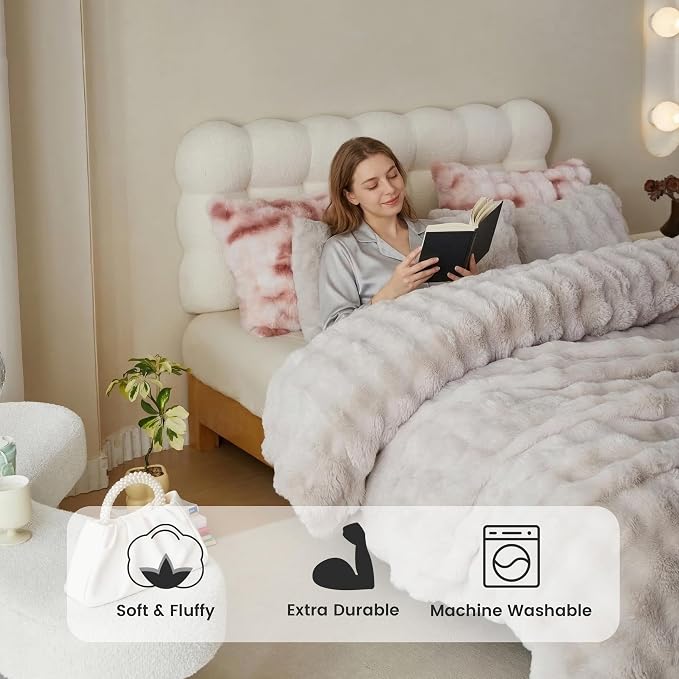 Simple&Opulence Fluffy Faux Fur Comforter Set, Plush Fuzzy Minky Bedding Set, 3 Pieces Warm Soft Comforter Bedding Set for Winter - 1 Shaggy Comforter with 2 Pillow Shams(Queen, Oatmeal)