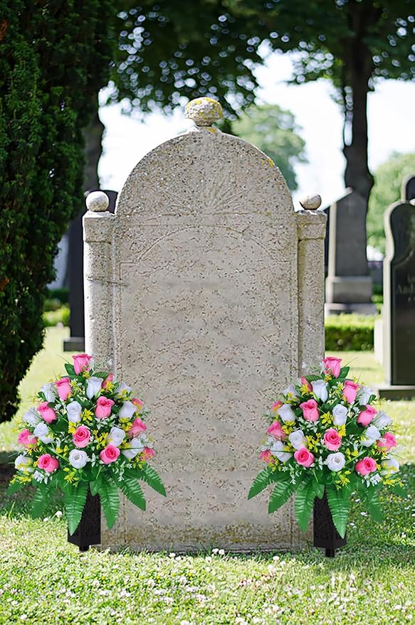 LVXINLI Artificial Cemetery Flowers, Gravesite Decoration Roses, Memorial Bouquets with Cemetery Vase, Vibrant and Long-Lasting Colors (Pink+White, 2 Bundles)