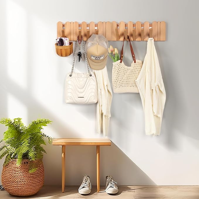 Coat Rack Wall Mount: Wooden Boho Wall Decor 6 Hooks 16.8'' Entryway Hanger with Magnetic Foldable Hooks Mounted, Space Saving for Hanging Jacket Bag for Apartments & Modern Homes