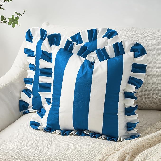 MONDAY MOOSE Decorative Throw Pillow Covers, Set of 2 Water-Resistant Striped Design with Ruffle Edge for Outdoor/Indoor Use, Pillow Inserts Not Included (18x18 inch, White/Blue)