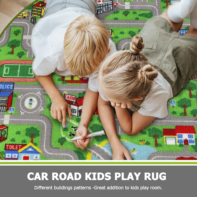 Capslpad Green Car Road Kid Rug Carpet Playmat for Playoom Traffic Road Kids Play Mat for Toddler Non Slip Washable City Map Race Track Carpet Rug for Kids Room Bedroom Nursery Room Decor,4'x4'
