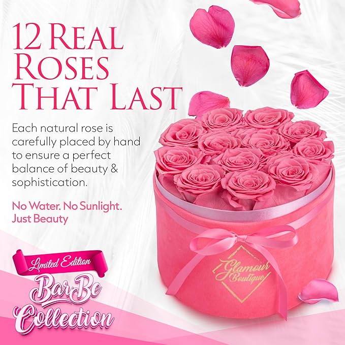 GLAMOUR BOUTIQUE Flower Forever Gift Box, 12 Real Preserved Roses in Round Velvet White Box, Handmade Floral Gift with Rose Petals for Birthday, Anniversary or Graduation, Velvet Pink (Color-Treated)