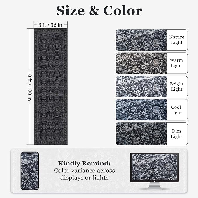 Washable Runner Rug 3x10, Vintage Farmhouse Dark Hallway Runner for Kitchen Floor Non Slip, Low Pile Thin Long Carpet Runner for Entryway Corridor Mudroom Foyer, Midnight