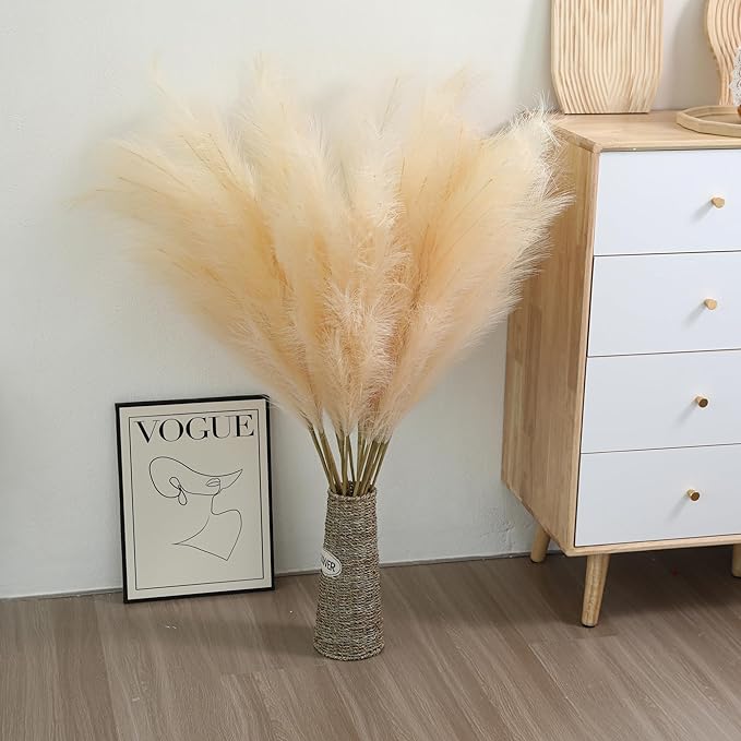 Wertuirk Champagne Faux Pampas Grass - 45-Inch Set of 8 | Boho Home Decor | Tall Artificial Pompas Floral Soft and Fluffy | Perfect for Wedding Centerpieces, Farmhouse and Baby Shower Decorations