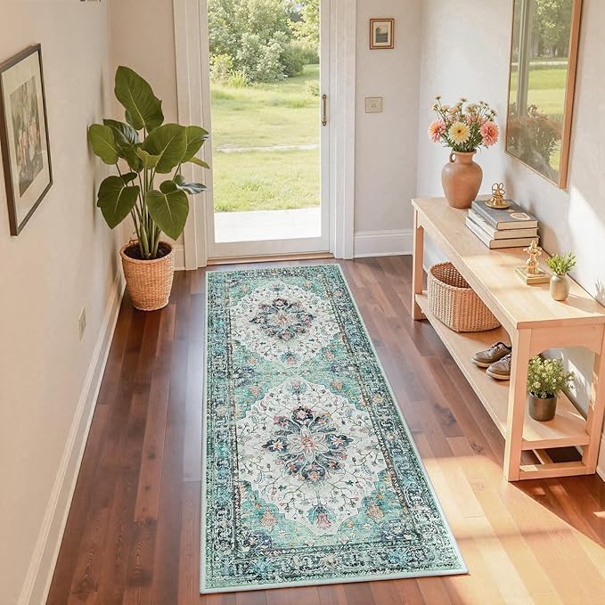 RELEANY Area Rugs 2'x6' Runner Rug Non Slip Washable for Kitchen Hallway Bedroom Beside Laundry Room Bathroom Rug, Floor Carpet, Green Navy Blue White Red Teal Colorful