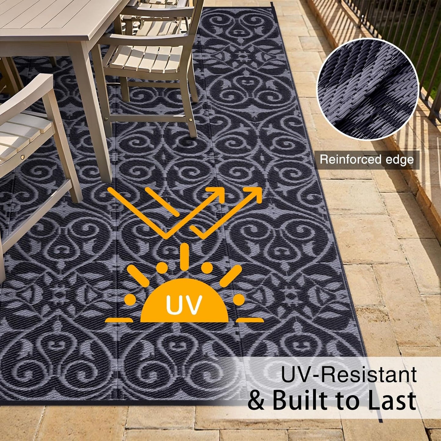 OLANLY Outdoor Rug Waterproof 9x12 ft Clearance, Reversible Outdoor Plastic Straw Rug with Floral Pattern, RV Mat for Patio, Camping, Balcony, Deck, Backyard, Black & Grey