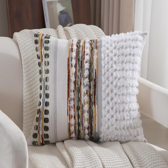 Boho Throw pillow covers 18x18 set of 2 farmhouse decorative Couch pillow covers neutral Accent throw pillows covers striped outdoor cushion covers square textured chenille pillow cases for sofa bed