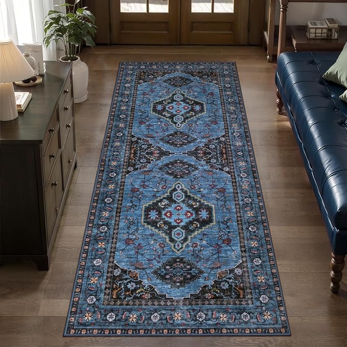 Tangsoo Blue 2x5 Washable Runner Rug for Hallways, Non Slip Oriental Runner Rugs, Soft Low Pile Long Rug Runner, Vintage Carpet Runners for Kitchen Bedroom Entryway Bathroom Living Room Blue/Black