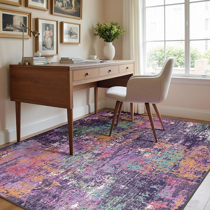 RELEANY Washable Area Rugs 6'x8' Non-Slip Modern Abstract Soft for Living Room Entryway Bedroom Nursery, Print Pattern, Purple Orange Blue Green Rust Red Colorful