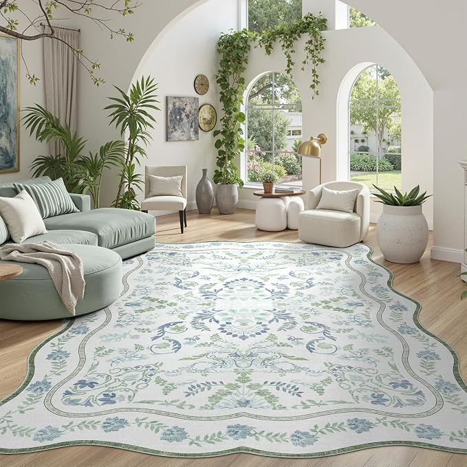 DCX Green and Blue 6x9 Rug, Kid & Pet Friendly with Rubber Back Non Slip, Washable Stain Resistant Botanical Scalloped Rug for Living Room, Bedroom, Soft Low Pile Large Nursery Carpet