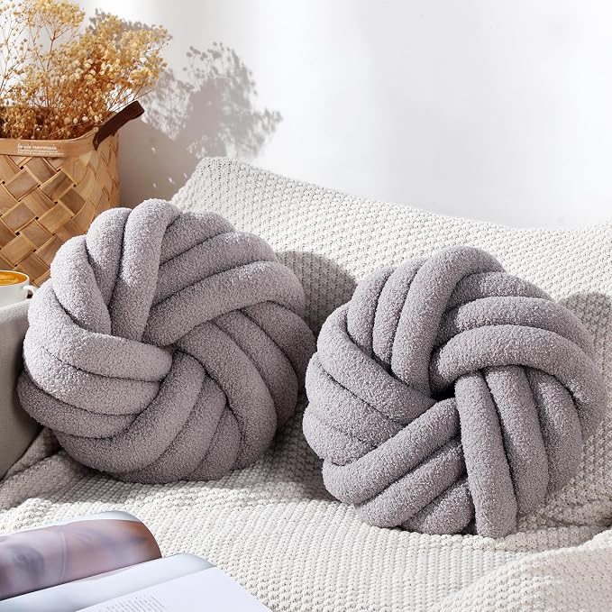 Marsui 2 Pieces Knot Ball Pillows 14 x 14 Inch Decorative Pillow for Couch Bedroom Plush Throw Knot Pillow Soft Handmade Chair Cushion for Living Room Car Decorations (Light Gray)